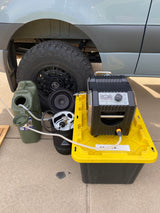 Essential RV rental gear: portable hot water shower system, water tank, and propane for off-grid comfort.