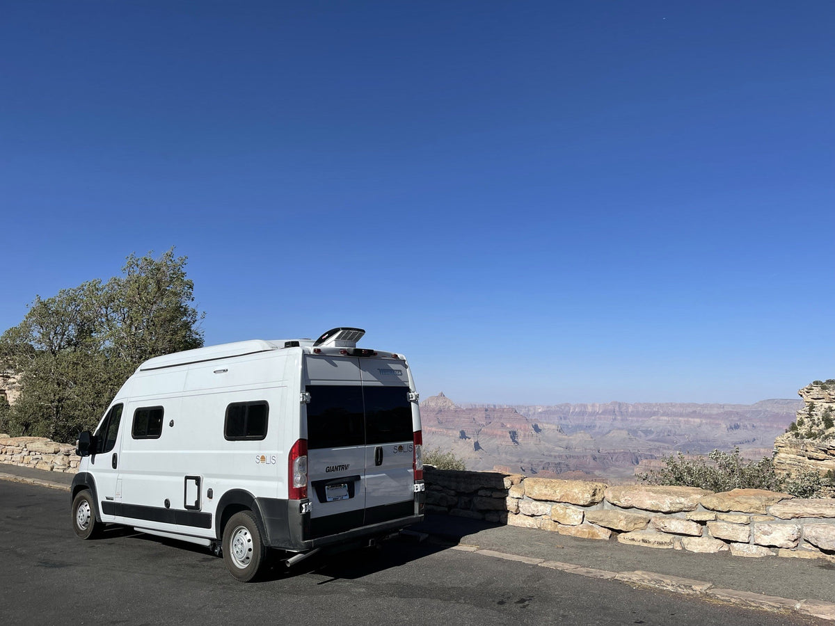 White Winnebago Solis RV rental at a Grand Canyon overlook
