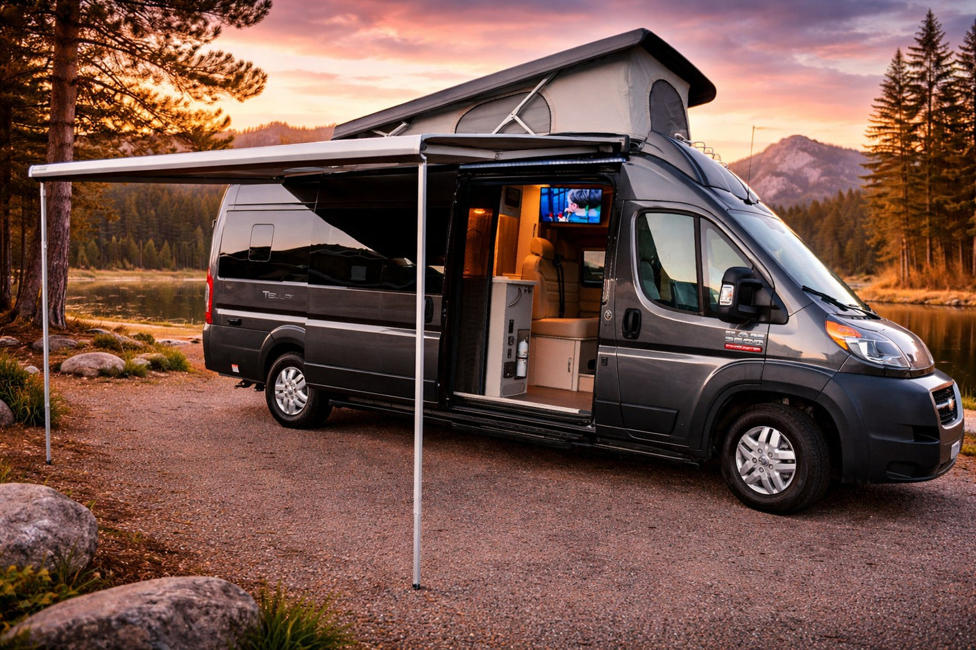 Experience an RV rental adventure! This gray camper van, with an extended awning and illuminated interior TV, sits by a scenic lake at sunset.