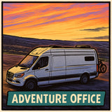 Adventure Office: An RV rental camper van parked at sunset with a bike, ready for remote work & travel.