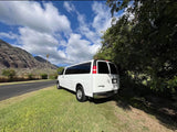 White RV rental van parked on grassy roadside. Majestic mountains, a palm tree, and blue sky suggest a scenic trip in Hawaii.