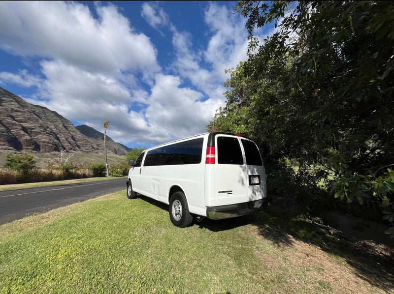 White RV rental van parked on grassy roadside. Majestic mountains, a palm tree, and blue sky suggest a scenic trip in Hawaii. — photo 6