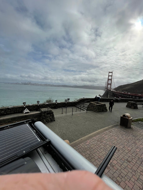 RV rental view: Golden Gate Bridge, SF cityscape, and Bay from a scenic overlook.