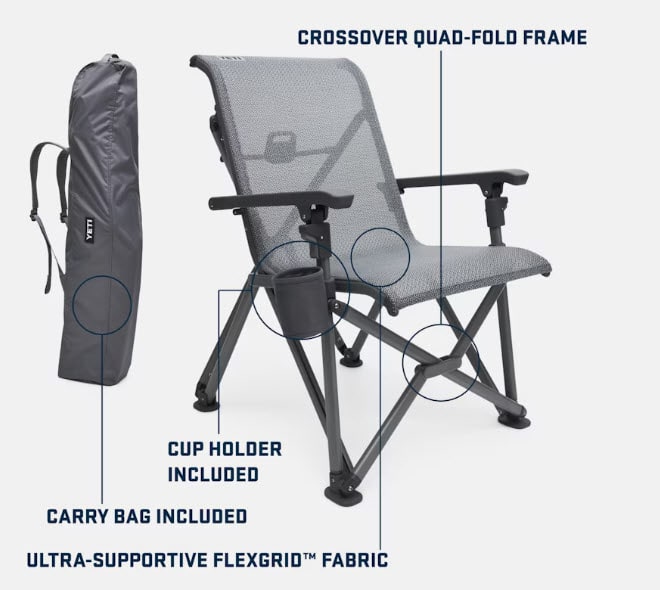 YETI's gray folding chair, with cup holder and carry bag, is perfect for RV rental adventures, featuring FlexGrid™ fabric.