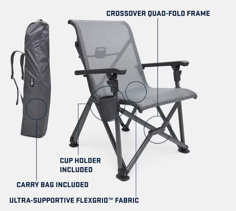YETI's gray folding chair, with cup holder and carry bag, is perfect for RV rental adventures, featuring FlexGrid™ fabric.