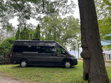 A dark grey camper van sits on green grass beside a large, gnarled tree. Explore nature with this RV rental.