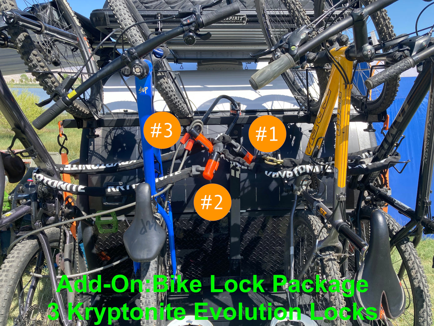 Secure your bicycles on an RV rental adventure with the Add-On Bike Lock Package, featuring 3 Kryptonite Evolution Locks.