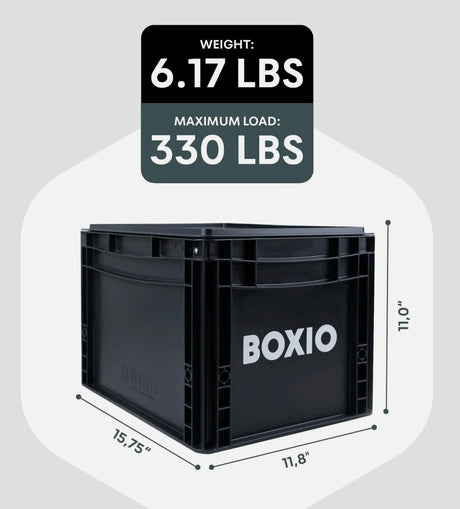 Black BOXIO storage crate, perfect for RV rental organization, measures 15.75"x11.8"x11.0". Weighs 6.17 lbs, holds up to 330 lbs.