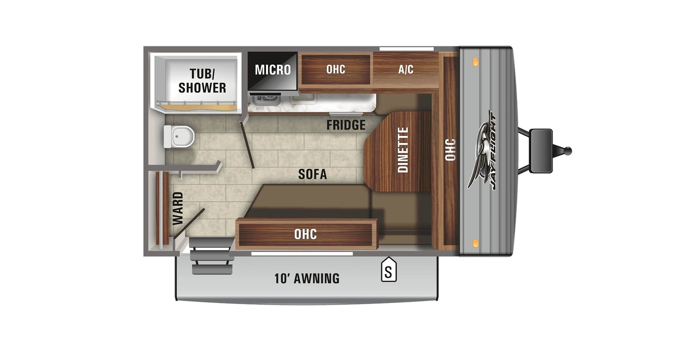 RV rental floor plan: Jay Flight travel trailer layout. View interior amenities including bath, kitchen (micro/fridge), dinette, sofa, and 10' awning. — photo 11