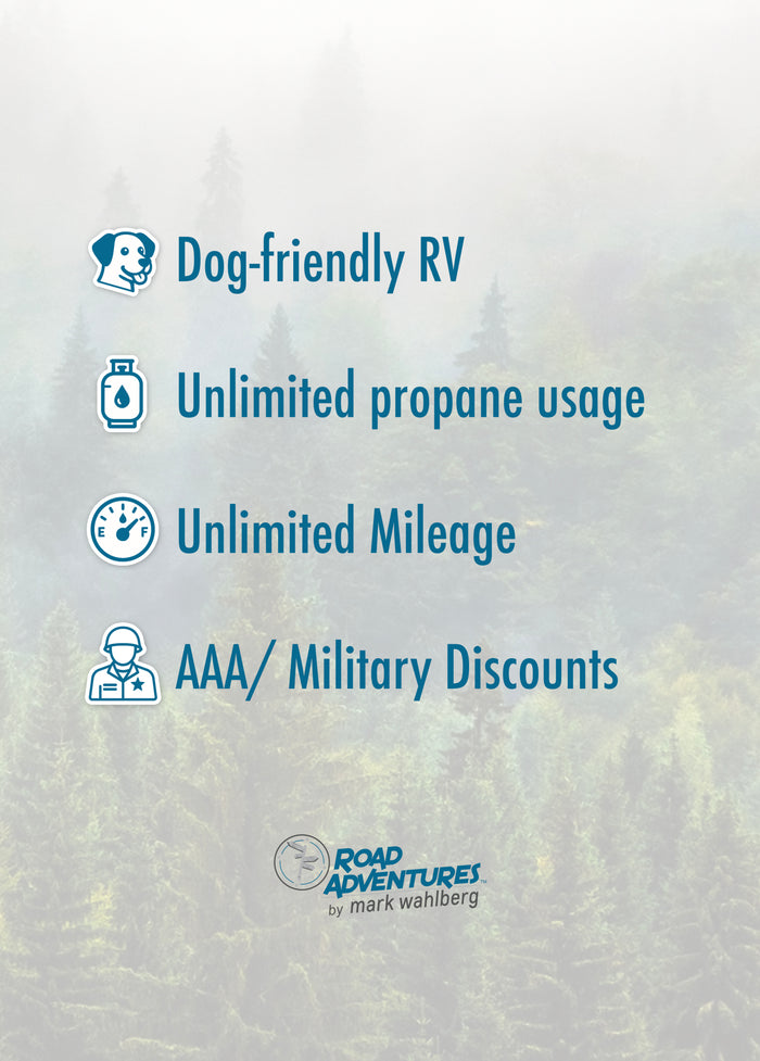 Road Adventures by Mark Wahlberg **rv rental** offers dog-friendly RVs, unlimited mileage & propane usage, plus AAA/military discounts.