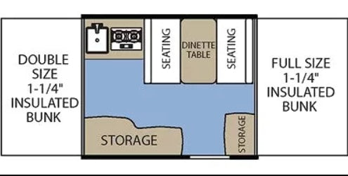  hitched to a gray SUV in an outdoor setting.|RV rental floor plan: A compact pop-up camper layout with insulated bunks — photo 1