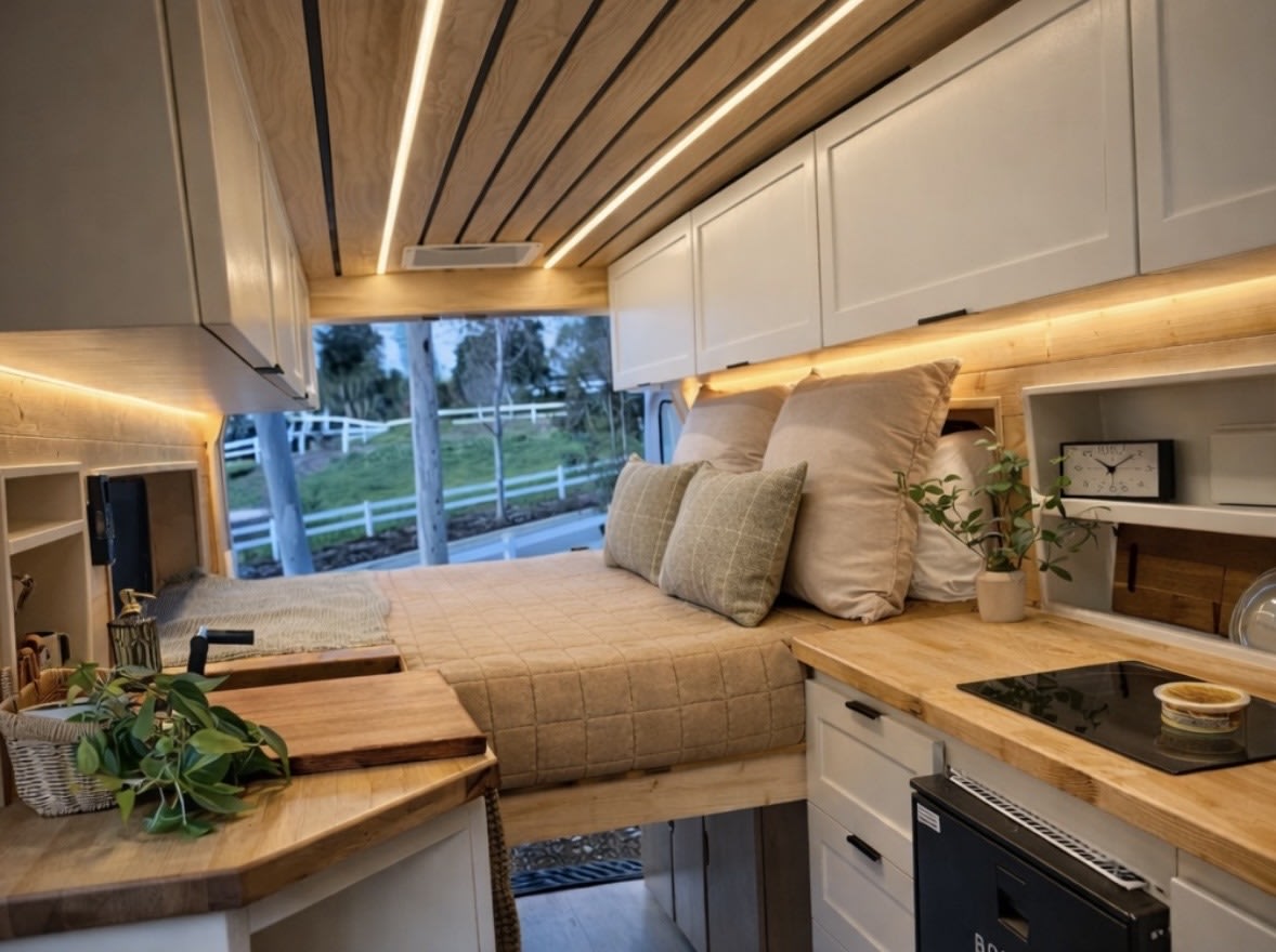  ideal for an RV rental getaway.|Cozy RV rental interior with a comfy bed