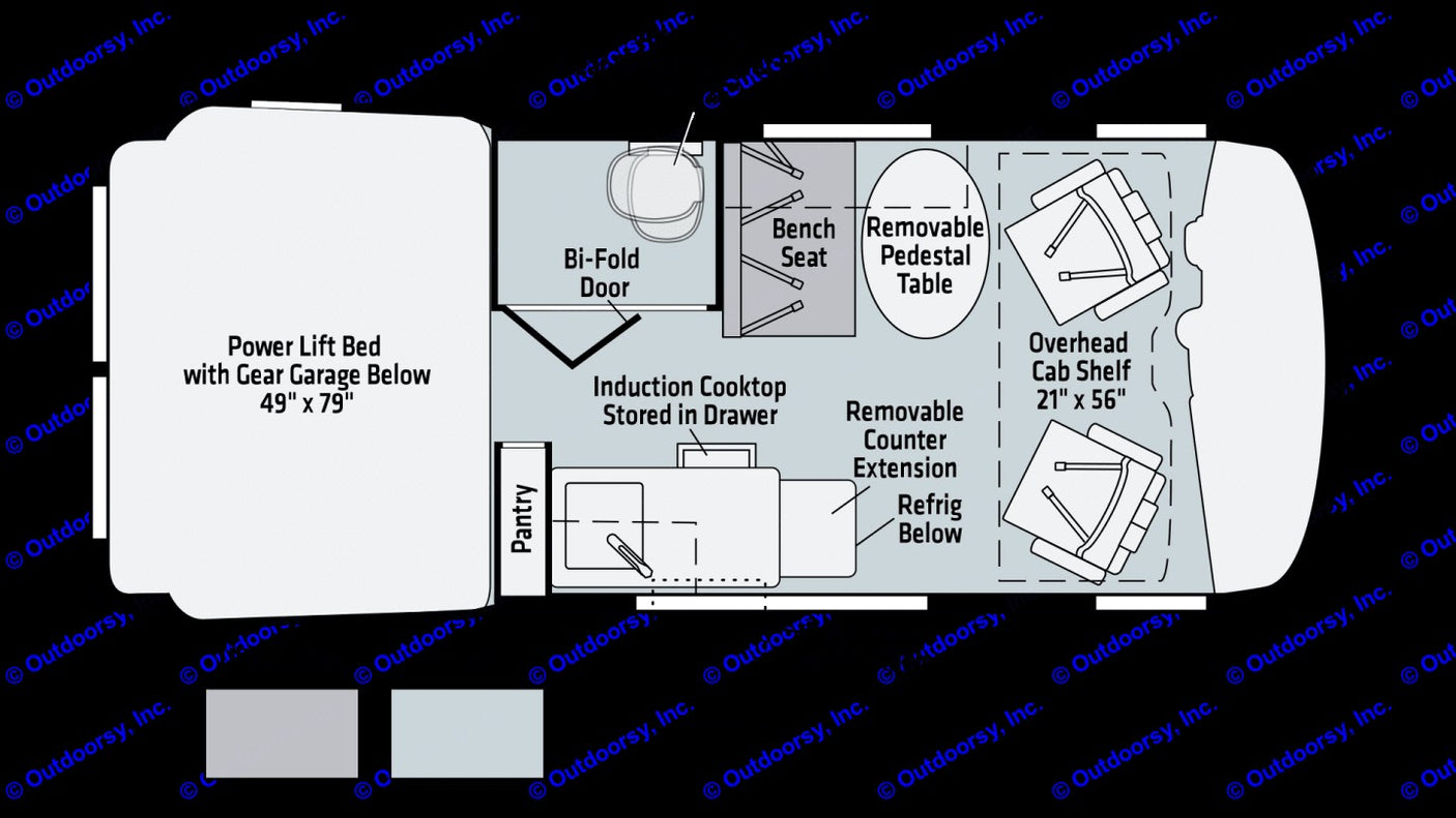 RV rental floor plan for a camper van, showing a power lift bed, compact kitchen with induction cooktop, dining area, and storage.