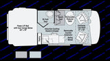 RV rental floor plan for a camper van, showing a power lift bed, compact kitchen with induction cooktop, dining area, and storage.