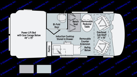 RV rental floor plan for a camper van, showing a power lift bed, compact kitchen with induction cooktop, dining area, and storage.