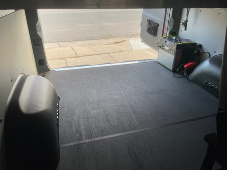 The rear cargo space of an RV rental van, with open doors revealing a street. A portable power station is inside.