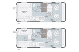 This RV rental floor plan shows versatile day & night configurations of a camper van with bed, kitchen, bath, and dining.