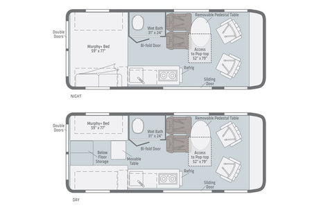 This RV rental floor plan shows versatile day & night configurations of a camper van with bed, kitchen, bath, and dining.