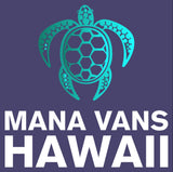 Mana Vans Hawaii RV rental logo with a gradient teal turtle and white text on a purple background.