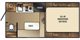 RV rental floor plan with full-size bed, dinette, kitchen (sink, stove, fridge), and toilet for comfortable travel.