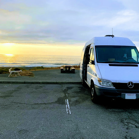 Sunset views from your RV rental: a white camper van parked by the ocean with a dog walking nearby.