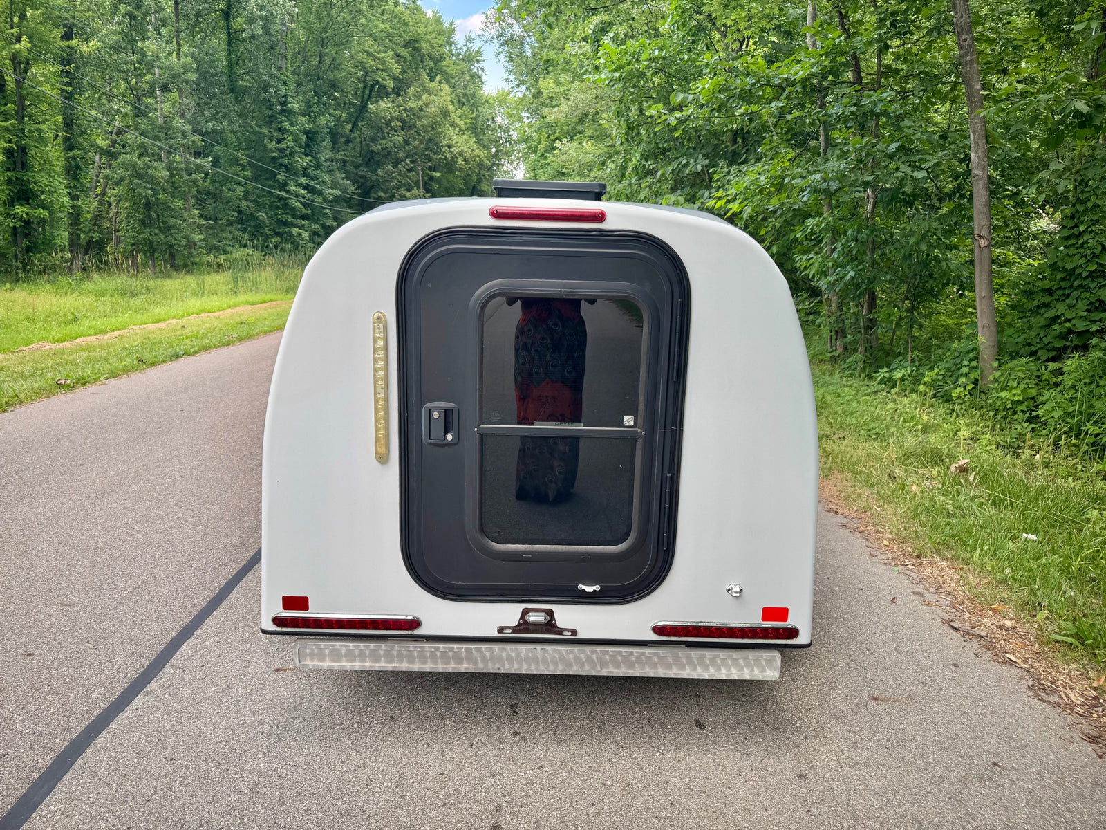 Rear view of a white compact RV rental on a tree-lined road, reflecting lush green surroundings.