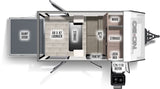 Overhead floor plan of a NOBO compact RV rental, featuring a ramp door, lounger, storage, and pantry for adventure travel.
