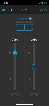 Mobile app showing dual-zone temperature control for a portable fridge, ideal for an rv rental. Displays 39°F and 34°F settings with sliders.
