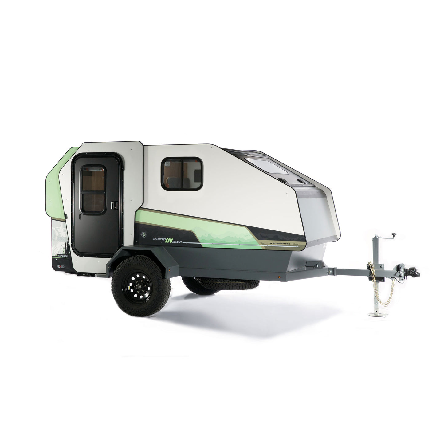 Modern compact travel trailer, featuring white, green, and grey design, ideal for your next RV rental adventure.