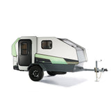 Modern compact travel trailer, featuring white, green, and grey design, ideal for your next RV rental adventure.