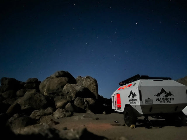 and a black dog by the water.|Mammoth Overland RV rental: A rugged trailer with a happy black dog awaits adventure in a sunny pine forest campsite.|Overland RV rental under a starry sky. A white Mammoth trailer glows red
