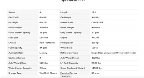 Detailed specifications table for an RV rental. It lists dimensions, weights, capacities, engine type, and other key features of a camper van.
