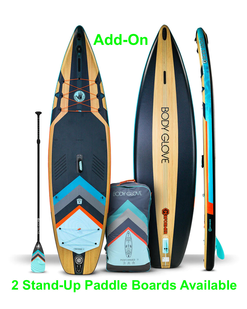 Two vibrant Body Glove stand-up paddle boards & gear, perfect as an add-on for your **RV rental** water adventures.