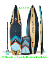 Two vibrant Body Glove stand-up paddle boards & gear, perfect as an add-on for your **RV rental** water adventures.