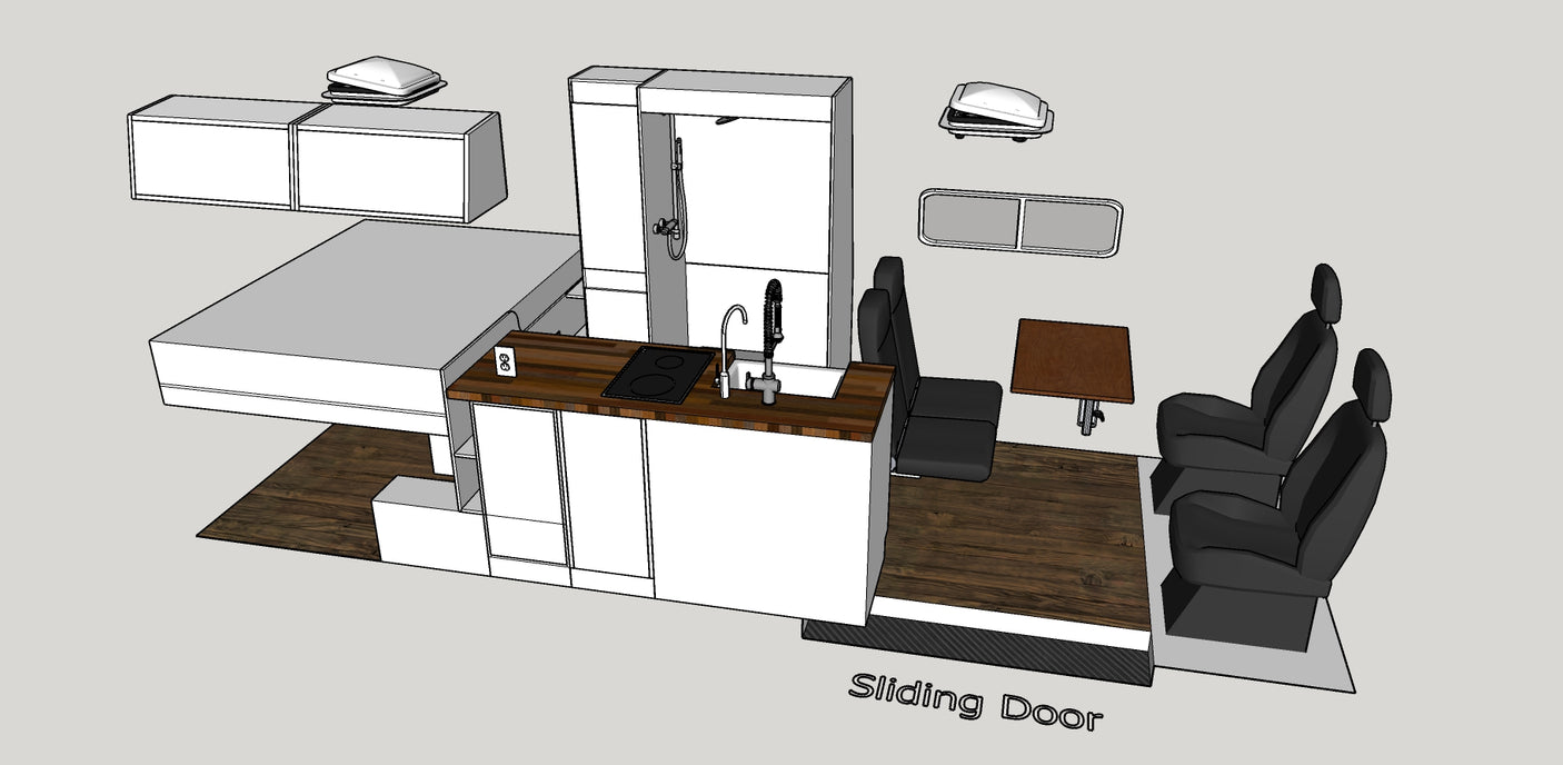 Compact rv rental interior layout: bed, kitchen, shower, seating, and dining area in a camper van design.