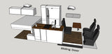 Compact rv rental interior layout: bed, kitchen, shower, seating, and dining area in a camper van design.