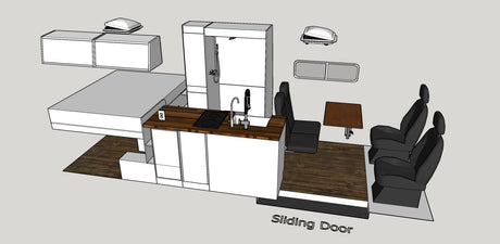 Compact rv rental interior layout: bed, kitchen, shower, seating, and dining area in a camper van design.