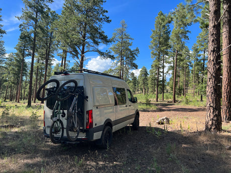 White RV rental van, bikes on back, parked in a sunlit pine forest. Perfect adventure trip.