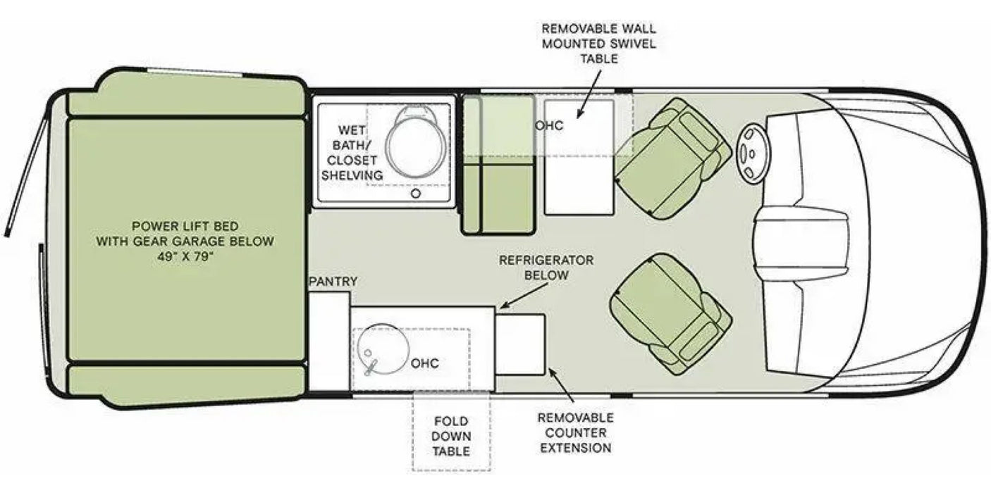 This RV rental camper van floor plan details the interior: rear power lift bed with gear garage, wet bath, kitchen, and swivel seats.