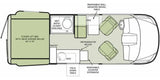 This RV rental camper van floor plan details the interior: rear power lift bed with gear garage, wet bath, kitchen, and swivel seats.