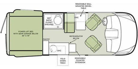 This RV rental camper van floor plan details the interior: rear power lift bed with gear garage, wet bath, kitchen, and swivel seats.
