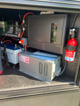 RV rental compartment showing an electrical power system: batteries, Renogy inverter, WFCO panel, and fire extinguisher.