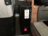 RV rental utility: PROwatt SW 2000 inverter with red LED display, next to a Dometic portable fridge for power and cooling.