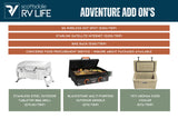 RV rental adventure add-ons: Internet, bike rack, grills, and cooler shown with prices for your next trip.