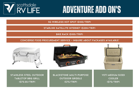 RV rental adventure add-ons: Internet, bike rack, grills, and cooler shown with prices for your next trip.
