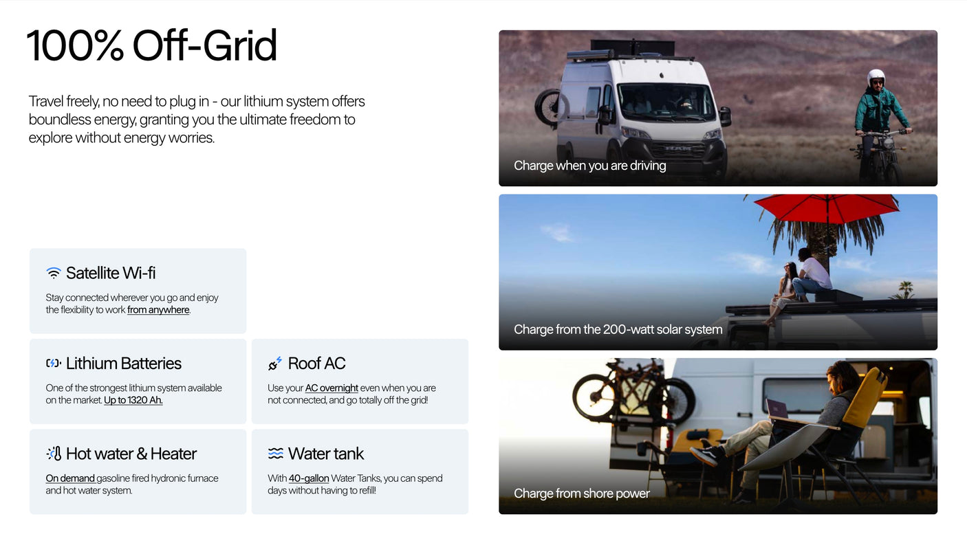 This rv rental offers 100% off-grid power from lithium batteries, solar, and driving, plus Wi-Fi for boundless adventures.