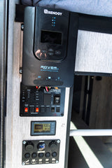 RV rental: Renogy solar charge controller, battery monitor (100%), water/light/awning controls & voltage display.