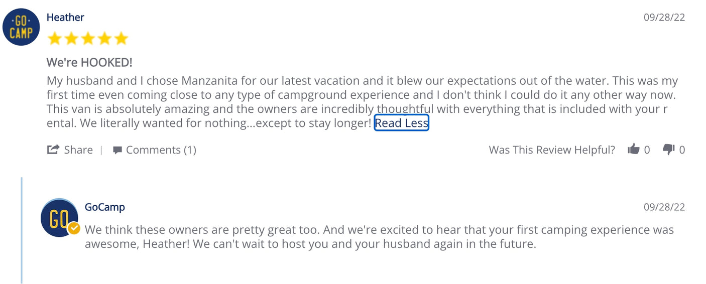 Heather's 5-star review for a GoCamp RV rental, praising the "Manzanita" van and thoughtful owners for a great camping experience.