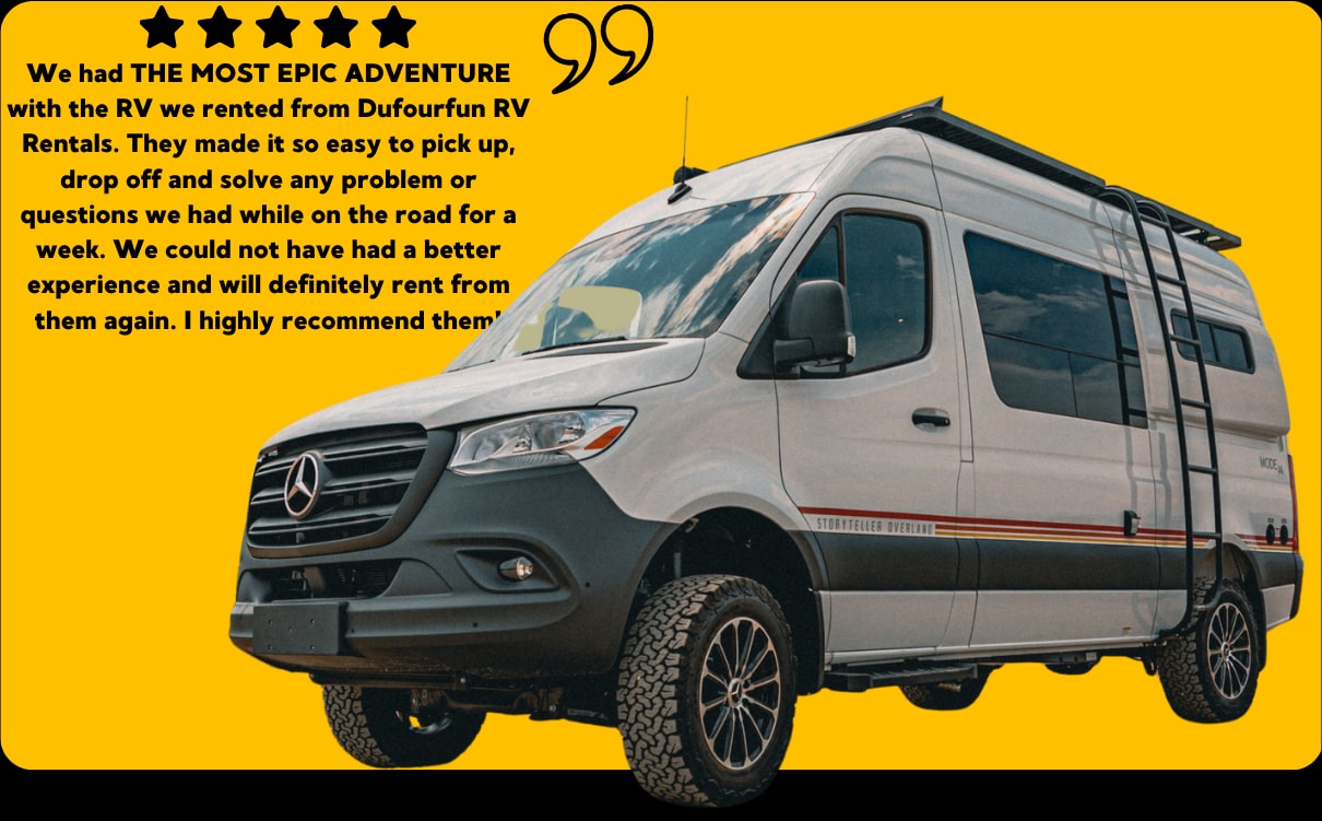 Epic RV rental adventure! This Storyteller Overland Sprinter RV from Dufourfun RV Rentals made their trip easy and fun.|An RV rental's cozy interior