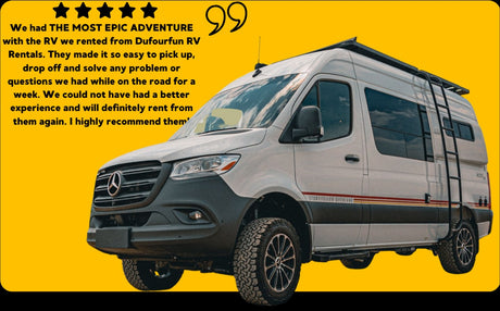 Epic RV rental adventure! This Storyteller Overland Sprinter RV from Dufourfun RV Rentals made their trip easy and fun.|An RV rental's cozy interior